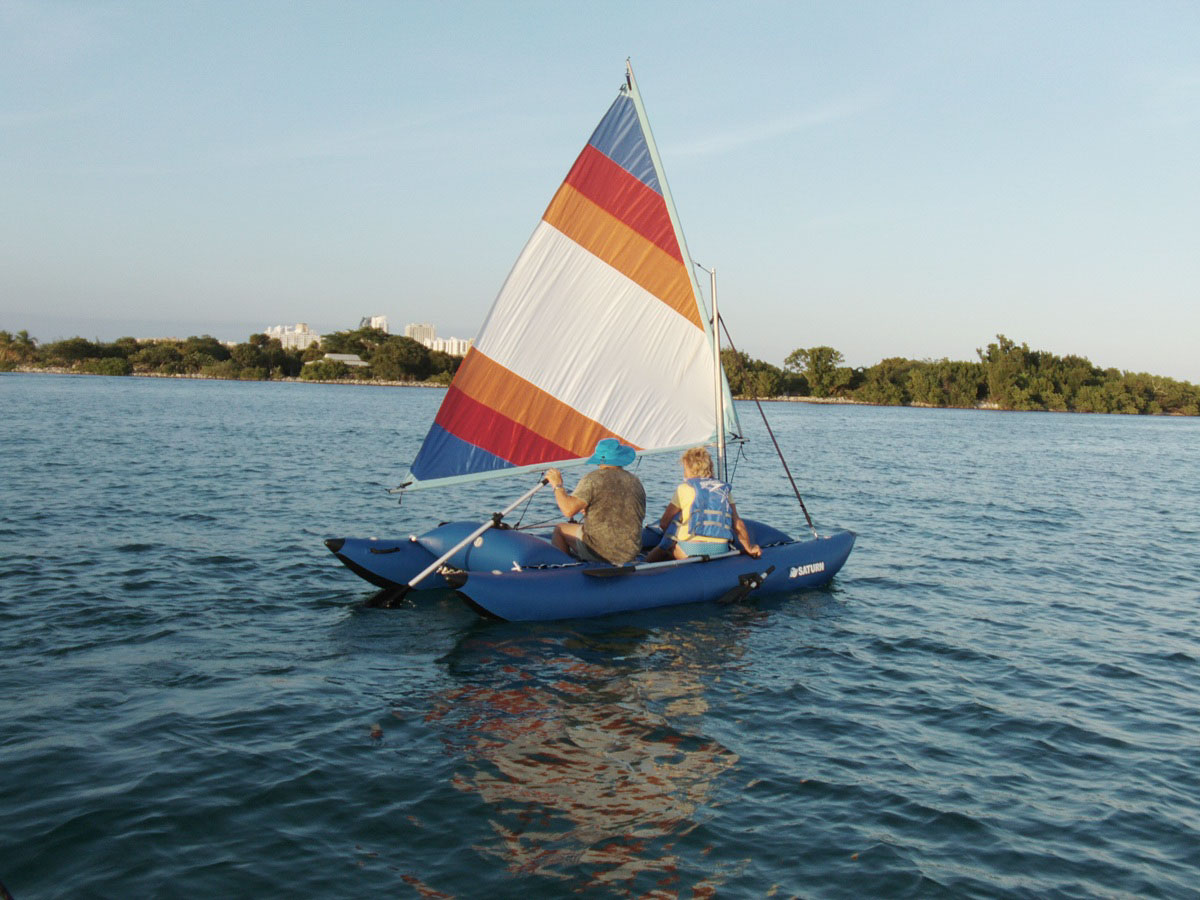 14' Inflatable Sail Catamaran. Portable sail boat in a bag 